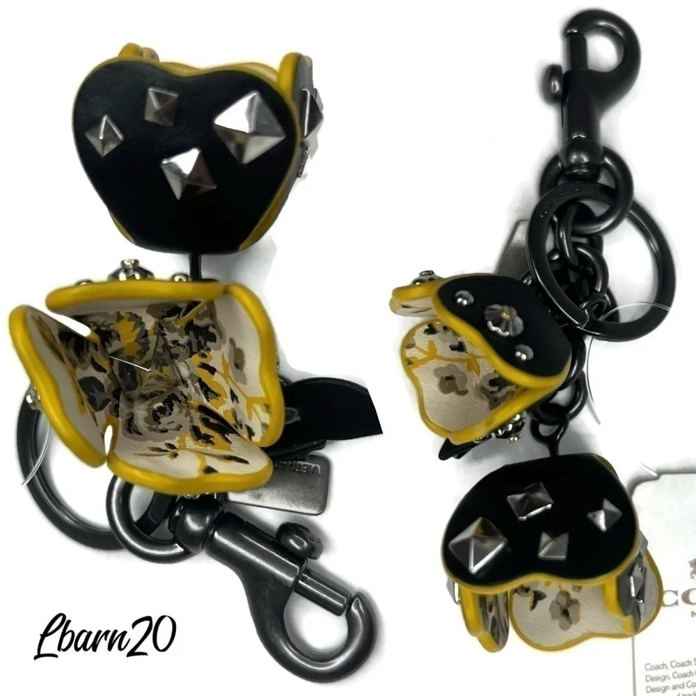 Coach Prairie Black Yellow Tearose Roses Floral Flower Keychain Fob NWT